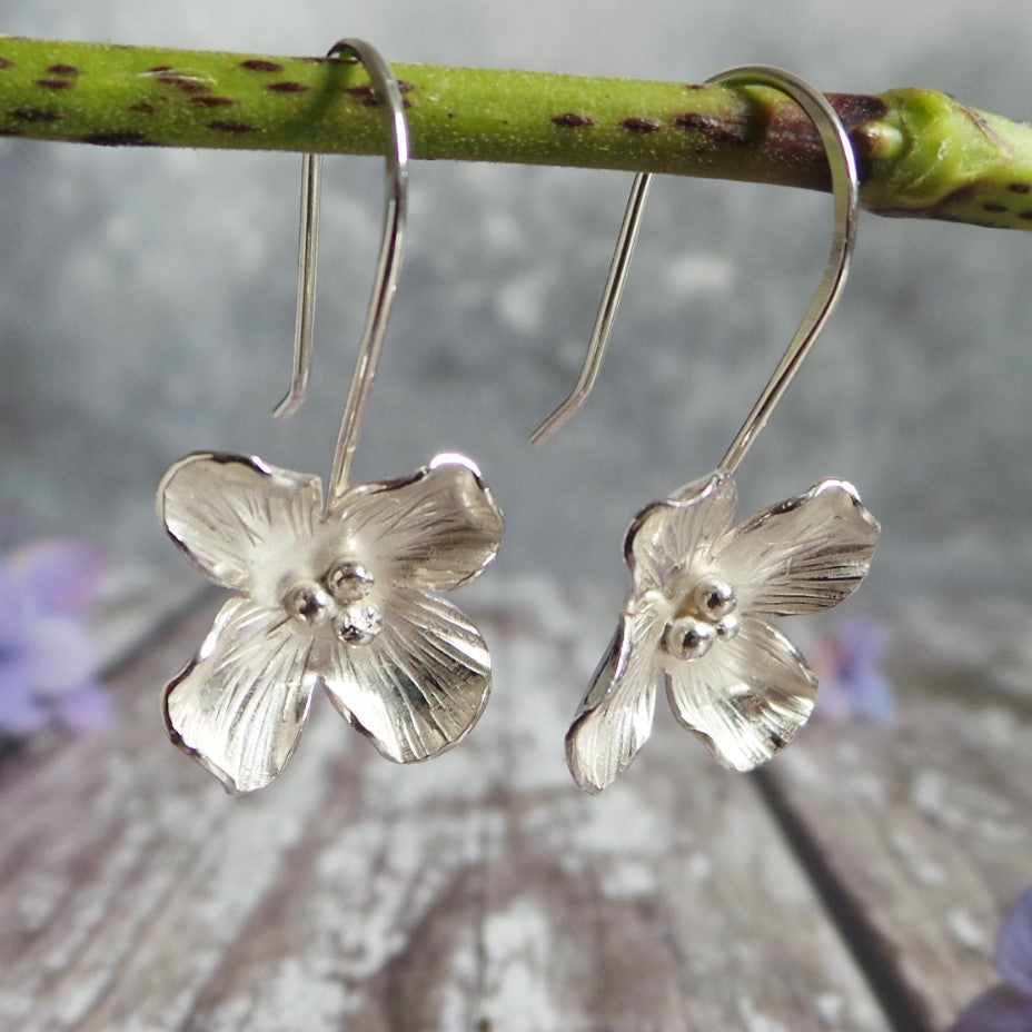 Hydrangea Silver Flower Drop Earrings – www.shropshirejewellerydesigns ...