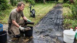 Bad news for a homeowner with a blackened patio and garden paths he has to clean them without breaking his back and opinions are divided on the easiest way to do it