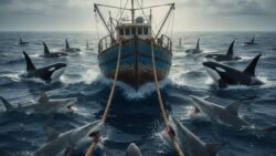 Fishermen report sharks biting their anchor lines just moments after orcas surrounded their boat in a tense marine encounter