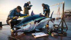 A rare giant bluefin tuna is measured and confirmed by marine biologists using peer-reviewed protocols